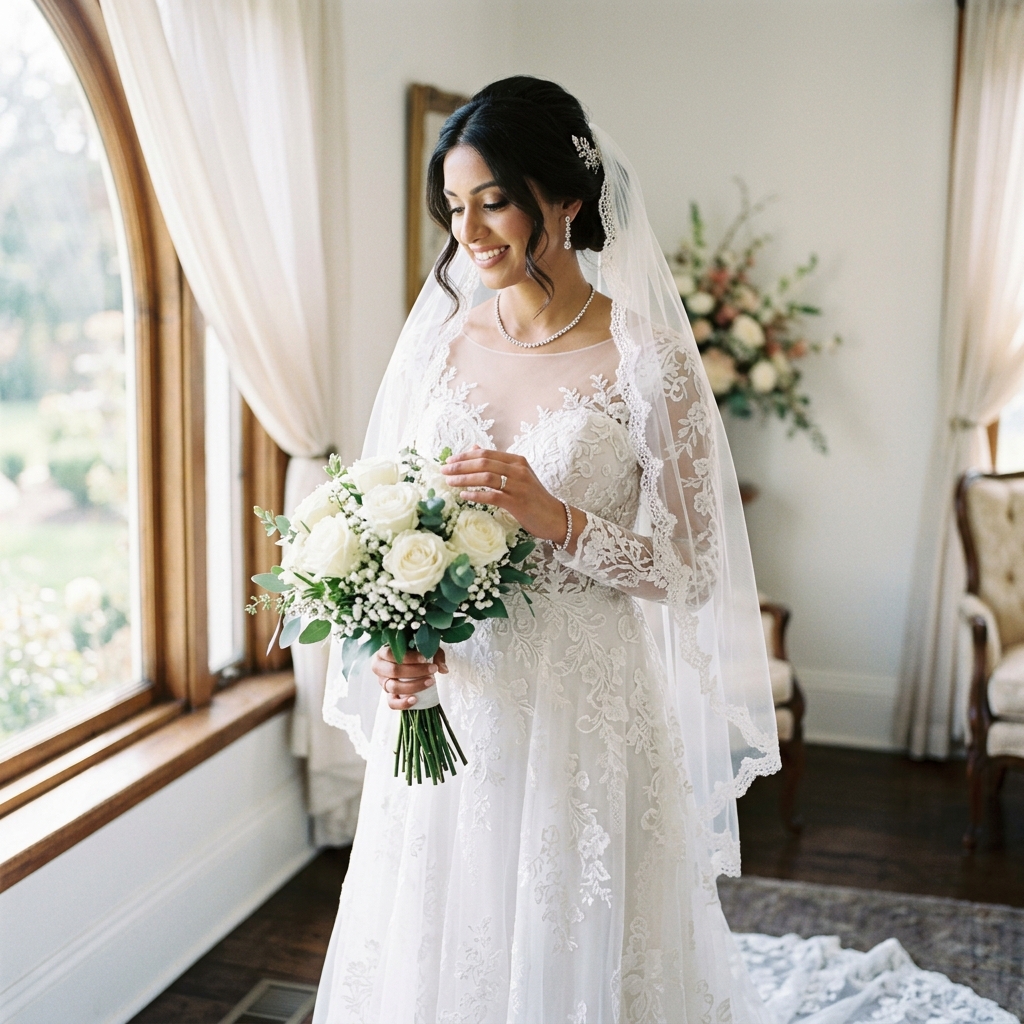 Christian Bride with delicate lace gown and veil
